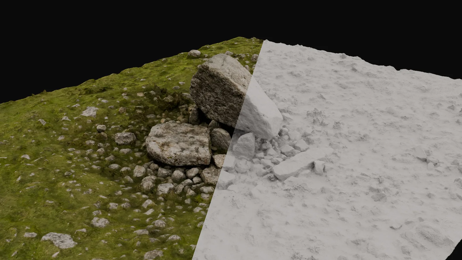 The finished model of Arthur’s Stone split between the textured capture and the untextured mesh