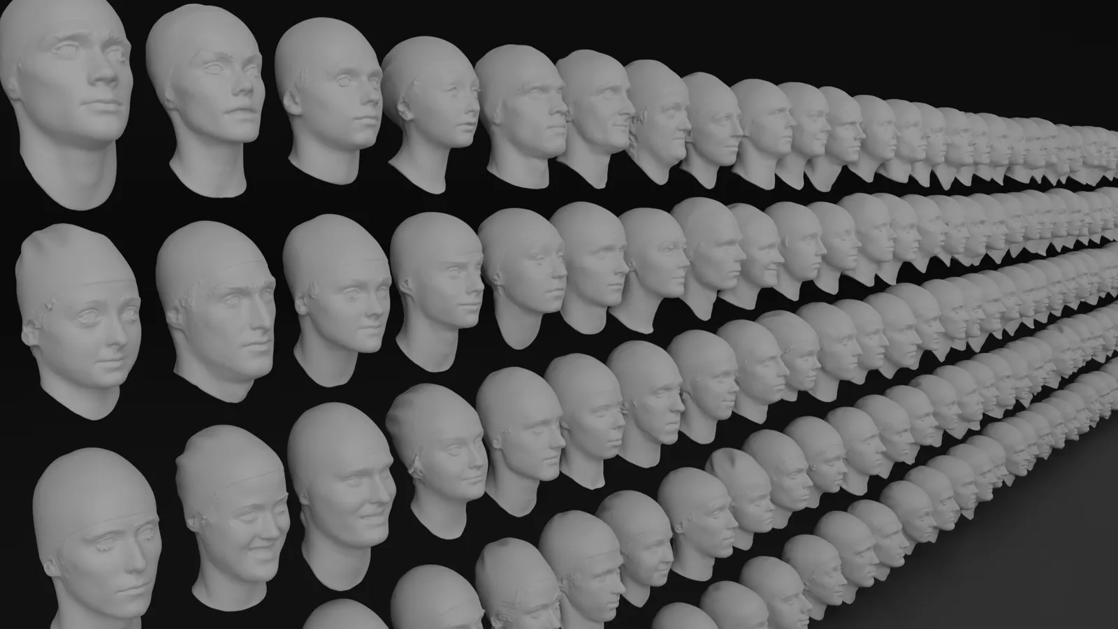 Perspective wall of hundreds of 3D head scans from the Scanning Elite Swimmers dataset