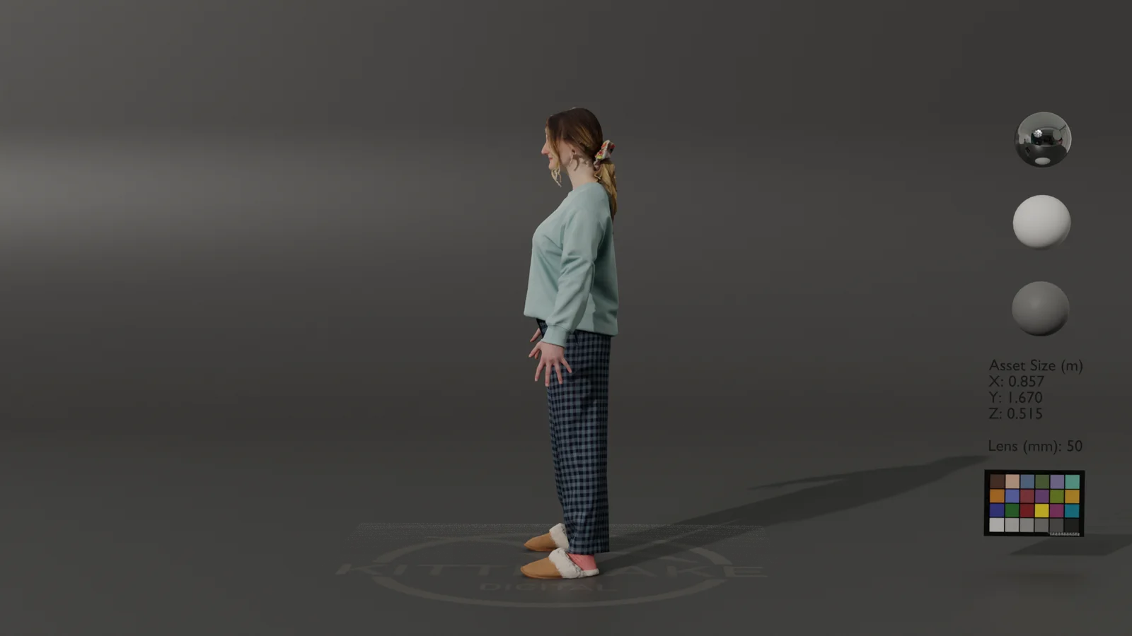 Full body digi-double render of Grace with colour reference chart