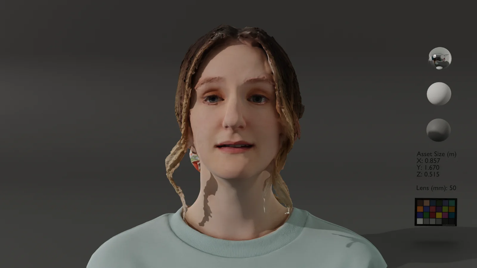 Head and shoulders digi-double render of Grace
