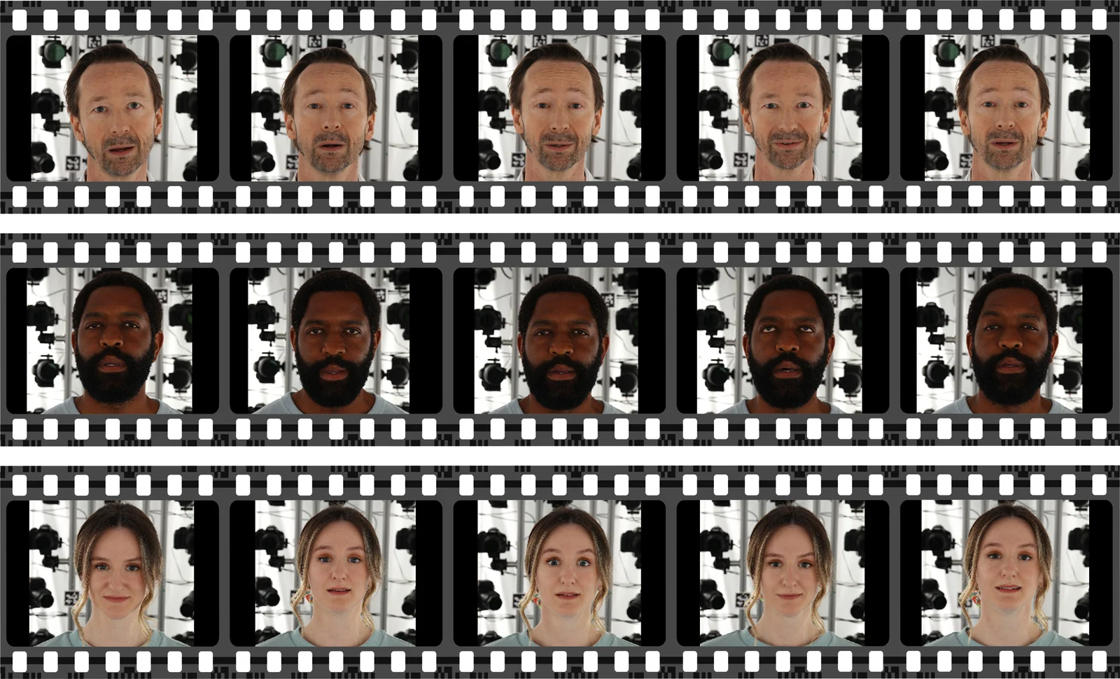 Contact strips of the three protagonists captured from every camera angle
