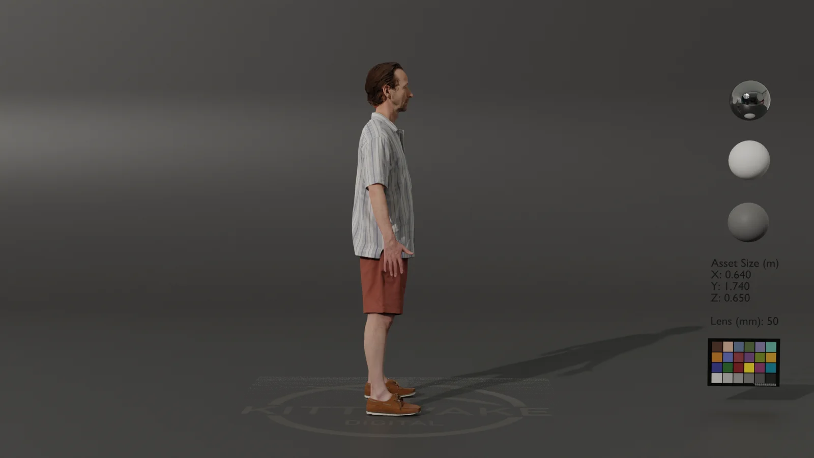 Full body digi-double render of James with colour reference chart