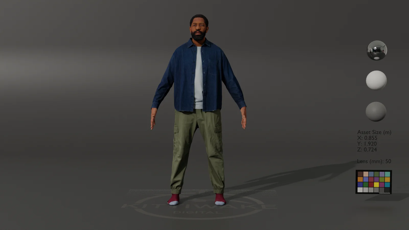 Full body digi-double render of Jonathan with colour reference chart