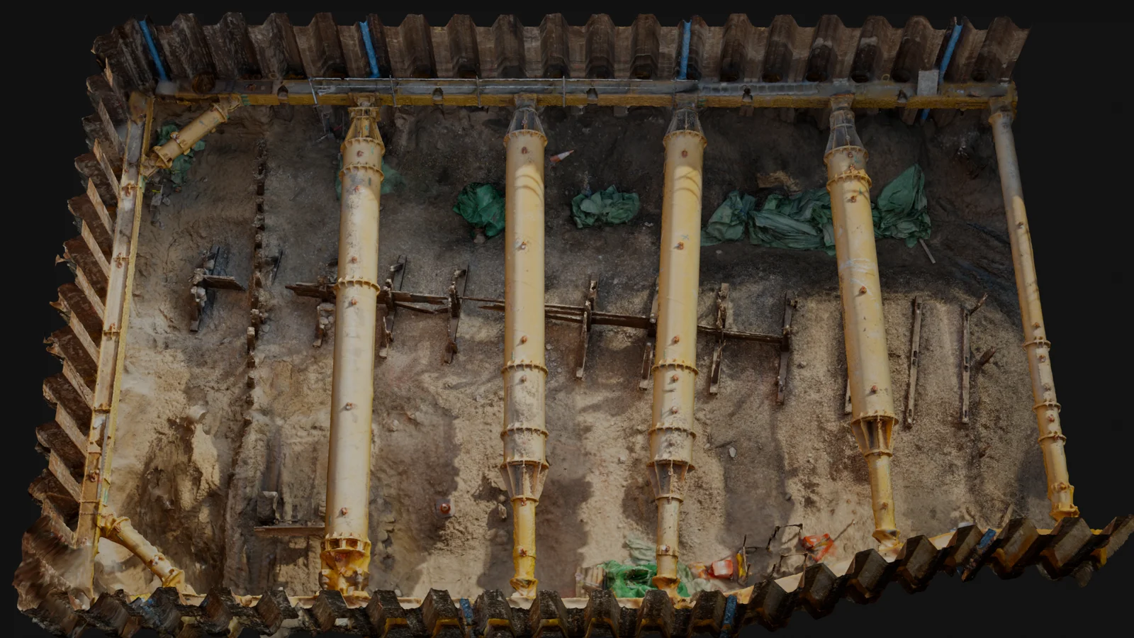 Photoreal model of the excavation with the yellow shoring props in place