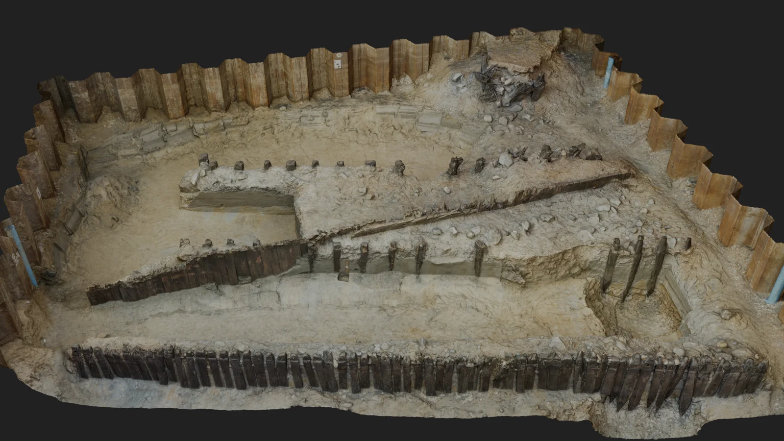 Model showing the timber structures against the sheet piling