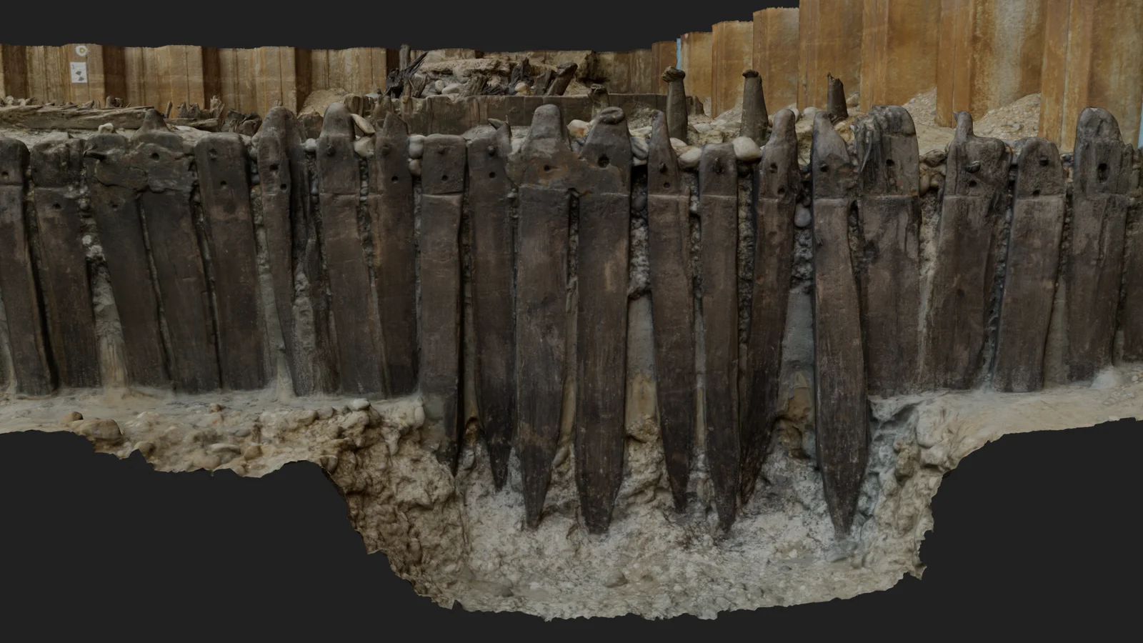 Close model of the Tudor timber piling of Digges Wall