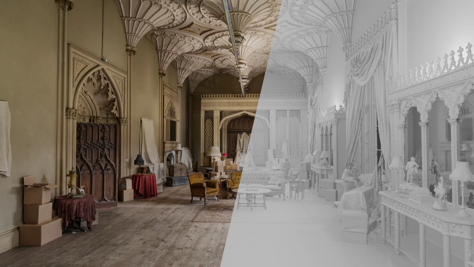 Split view of the castle interior, fully textured on one side and untextured clay on the other