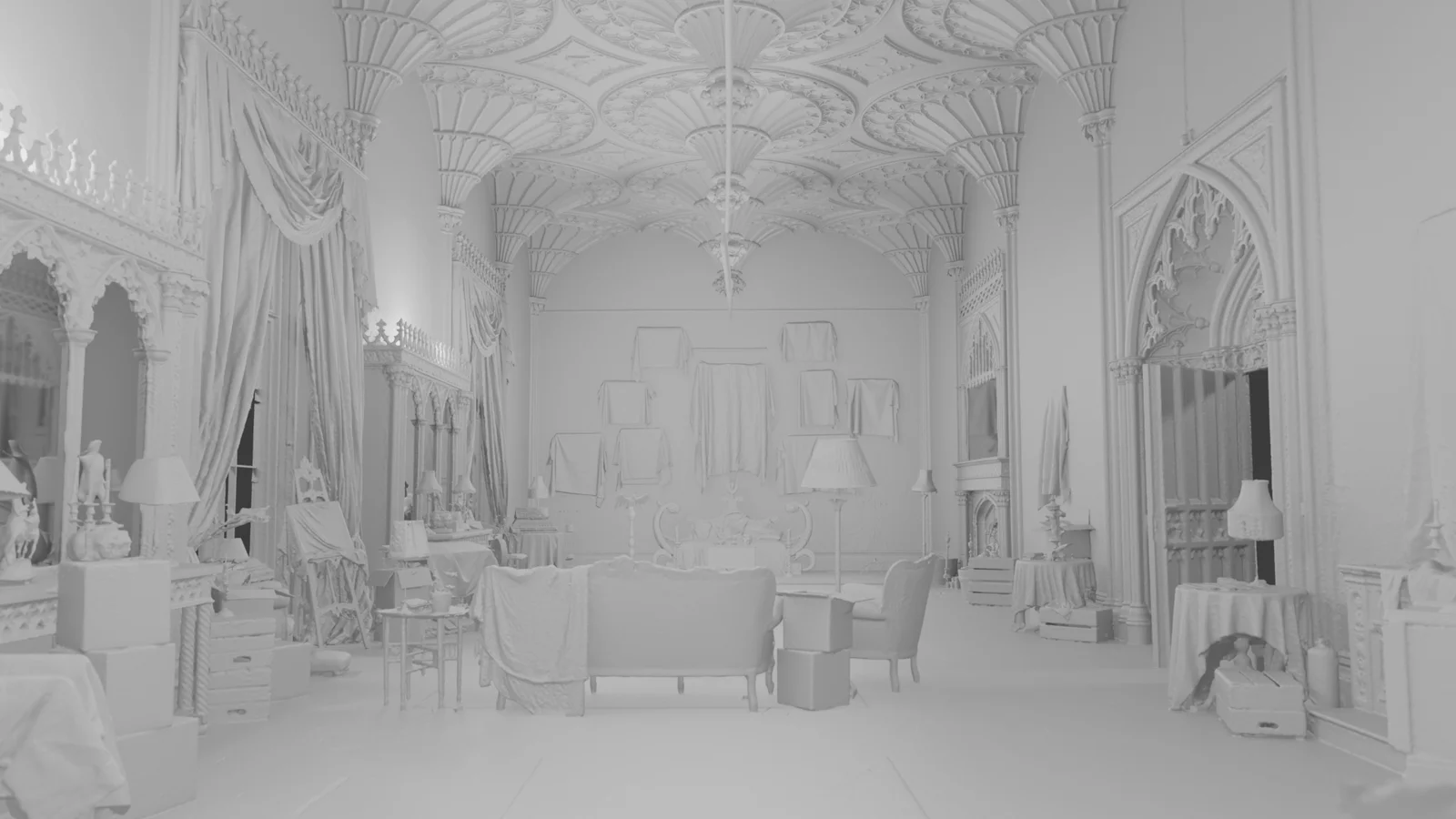 Untextured clay render of the same Morris room