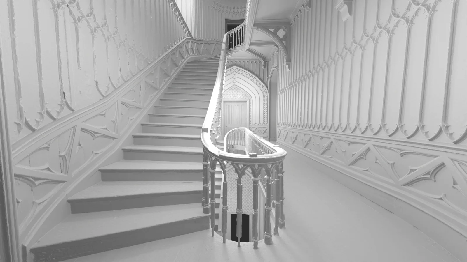 Untextured clay render of the same staircase