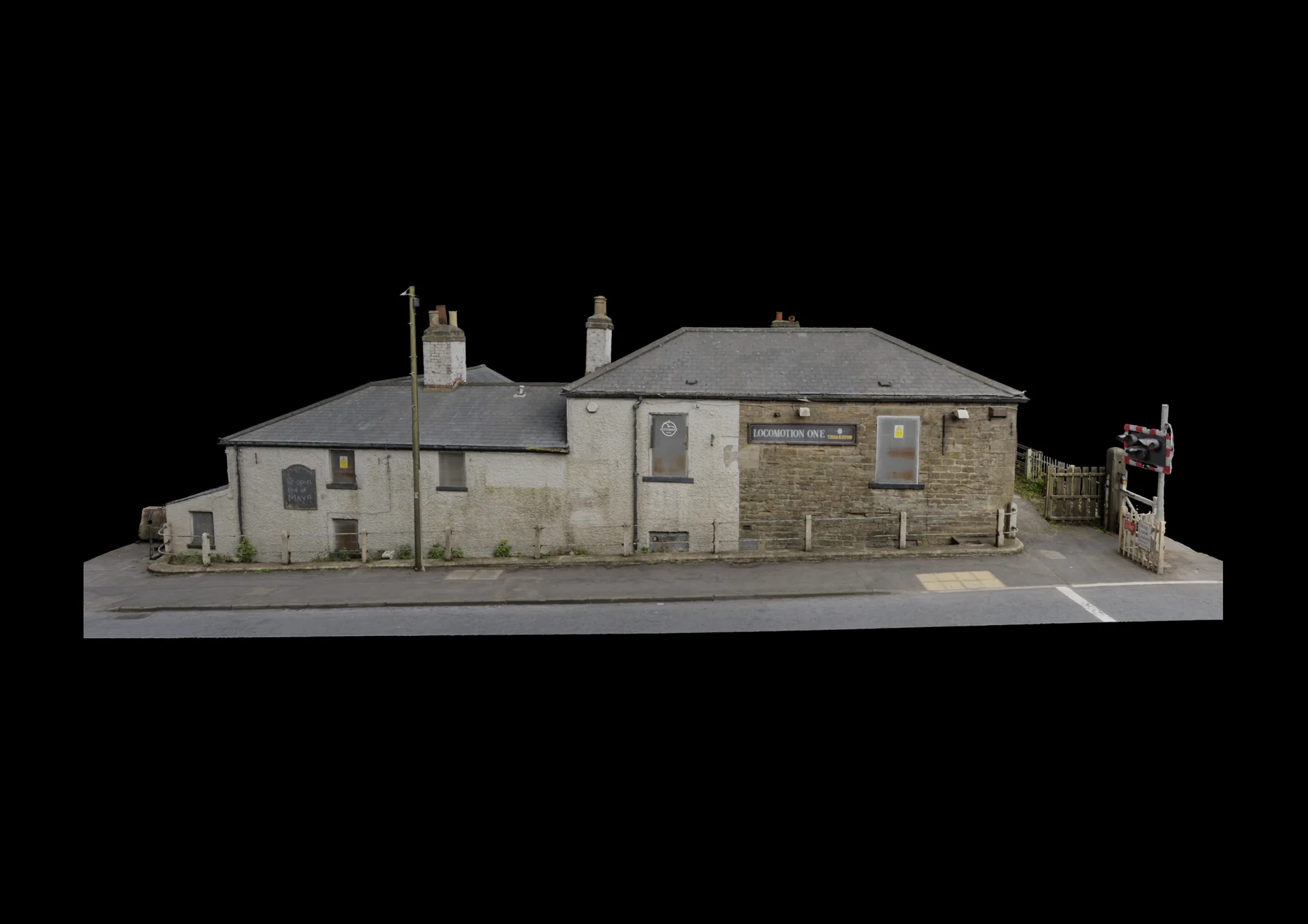 Side elevation of the Heighington Station 3D model on a black background