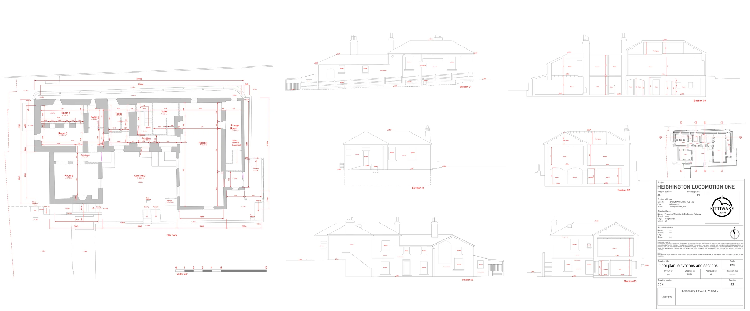 Measured floor plans, elevations and sections drawn up from the survey