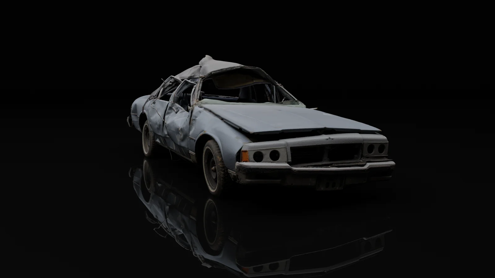 Photoreal 3D render of the wrecked Chevrolet sedan captured for Hurricane Heist