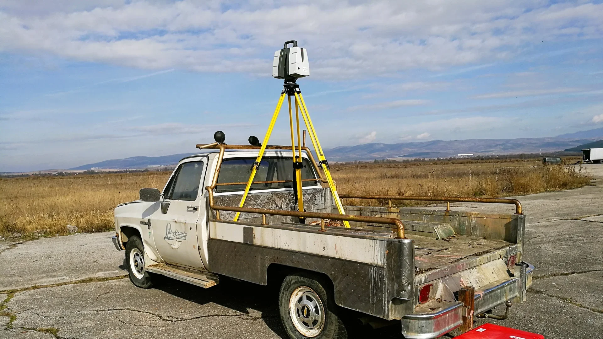 Leica laser scanner mounted on the bed of the Chevrolet pickup during the capture session