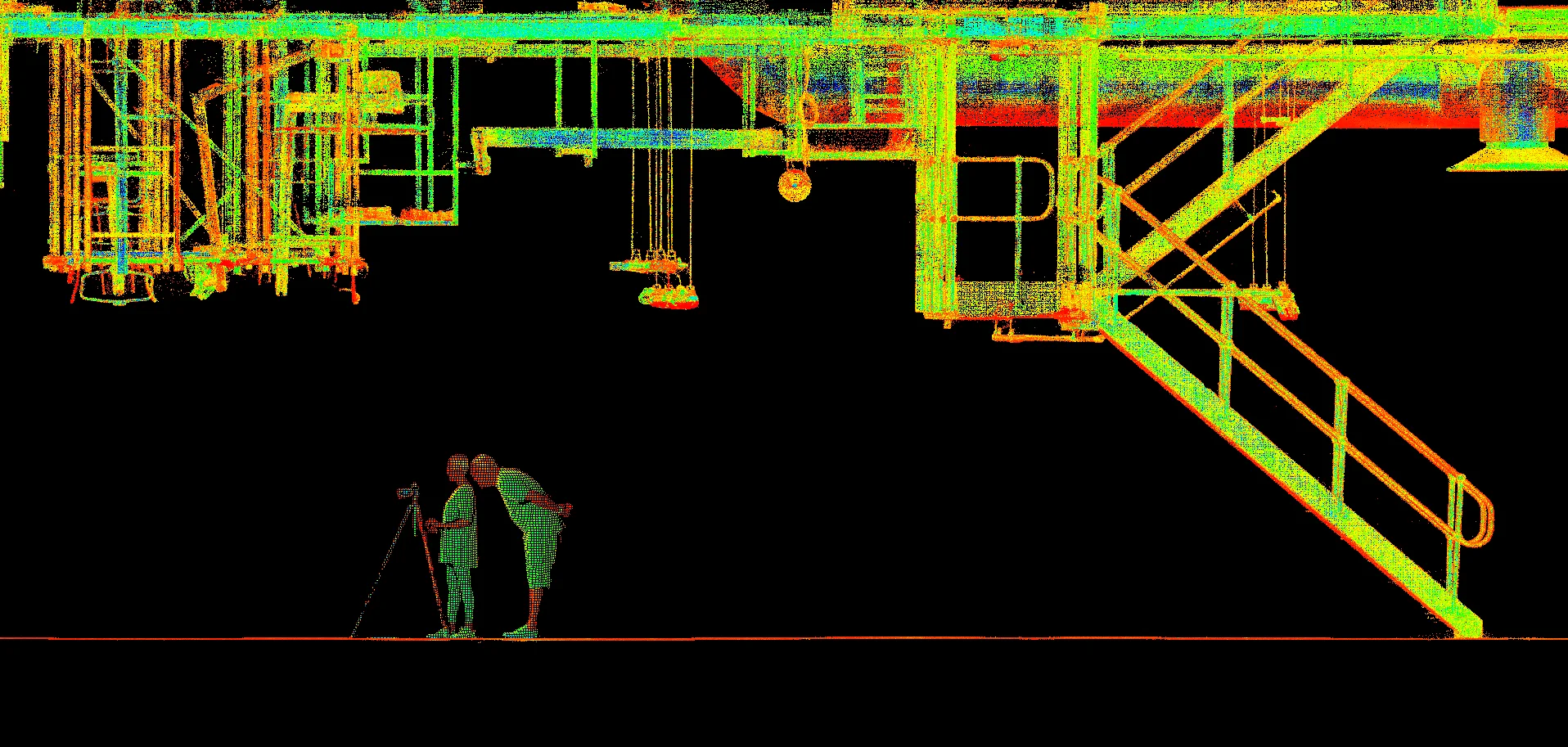 LiDAR point cloud of an industrial platform and staircase, with two surveyors and a tripod-mounted scanner below