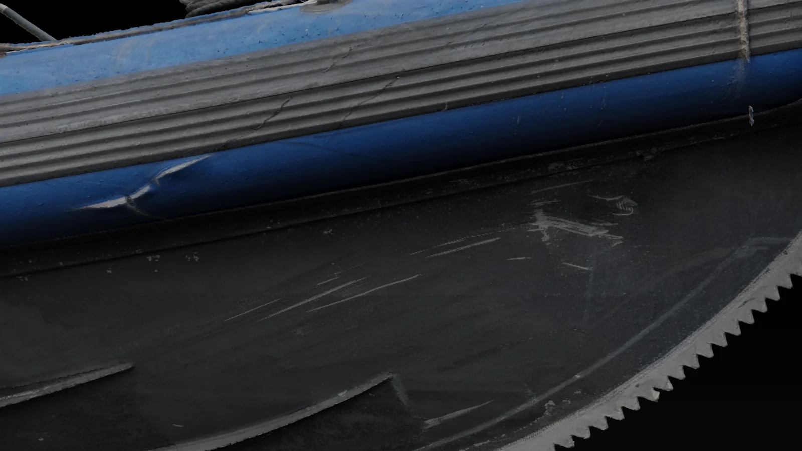 Close render of the impact damage along the hull and fender