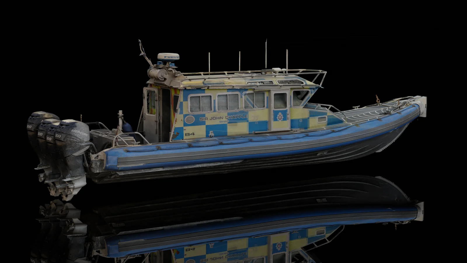 Full profile render of the police launch reconstructed from the scan data