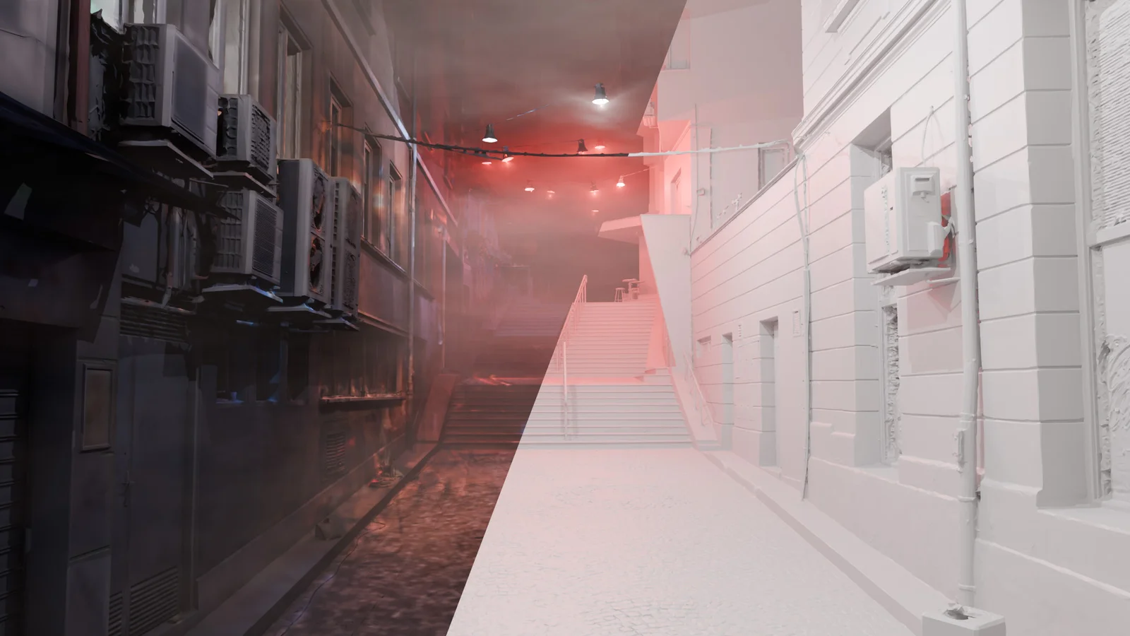 Alleyway set split between the fully textured model and the untextured clay mesh