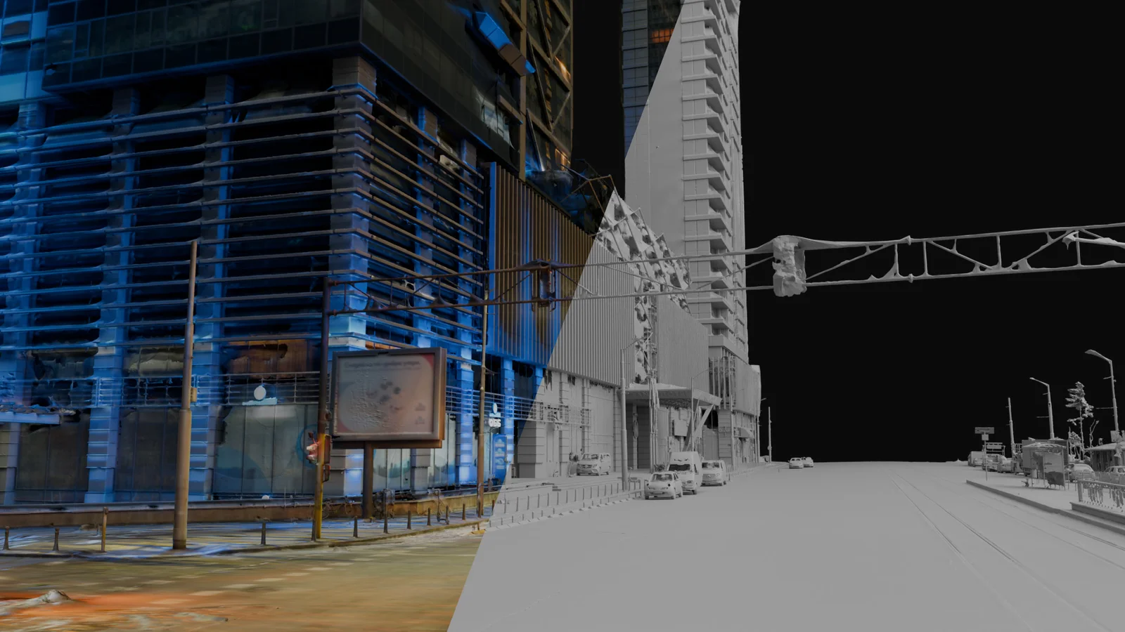 City street set split between the textured model and the untextured clay mesh