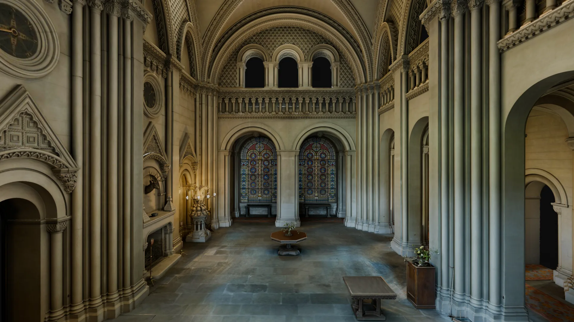 Photoreal 3D render of the Grand Hall at Penrhyn Castle showing the Neo-Norman archways and stained glass