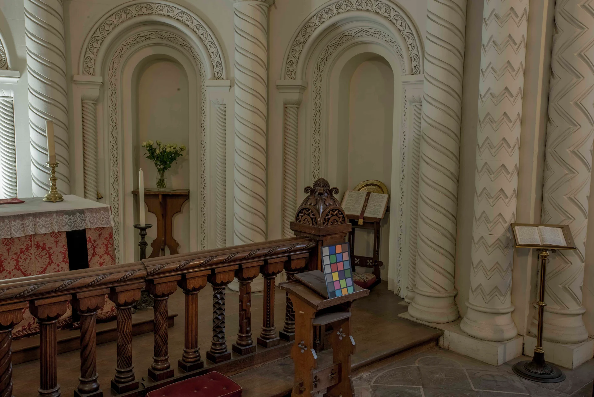 Colour reference chart placed on the chapel altar rail during capture