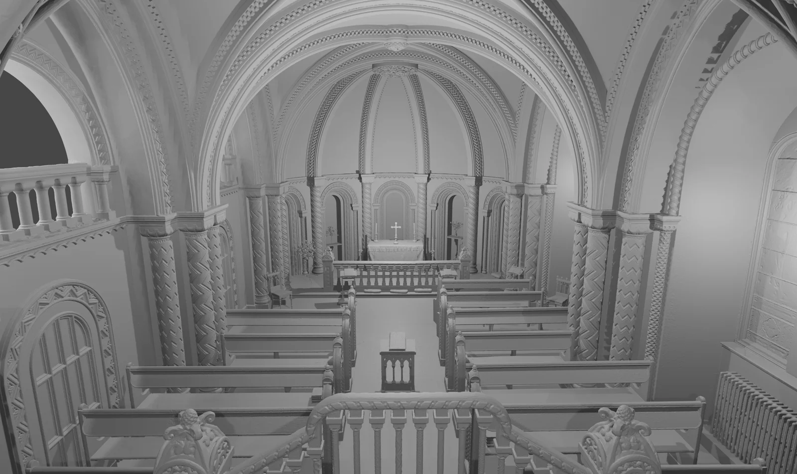 Untextured clay render of the chapel