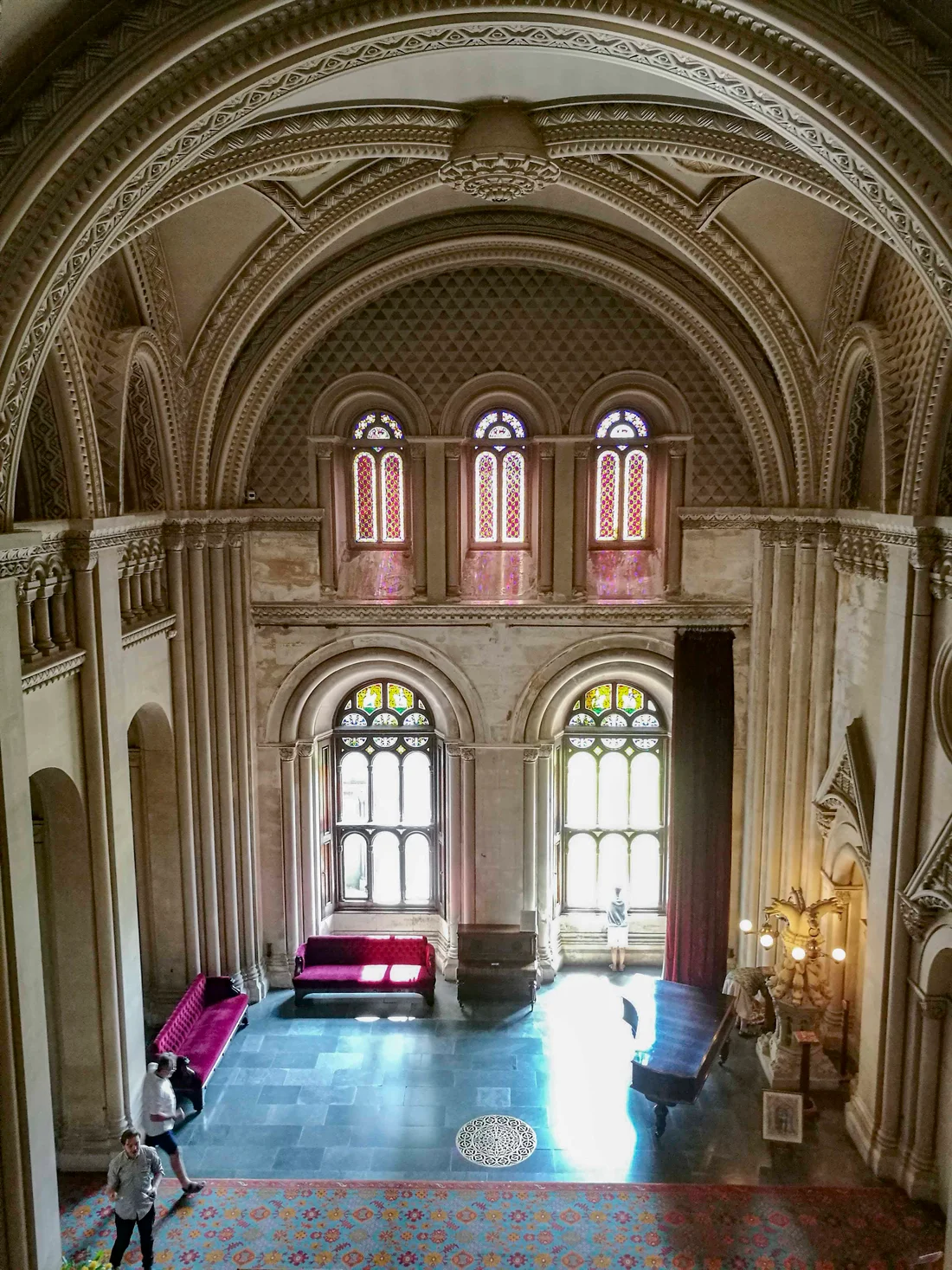 Chapel interior lit through the stained glass