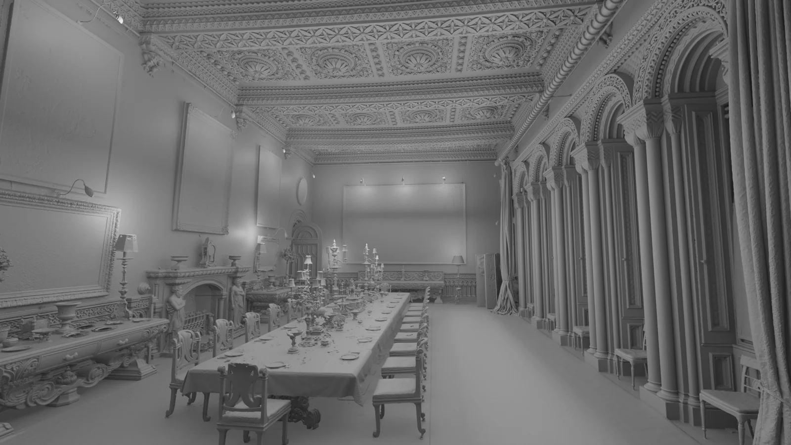 Untextured clay render of the dining room