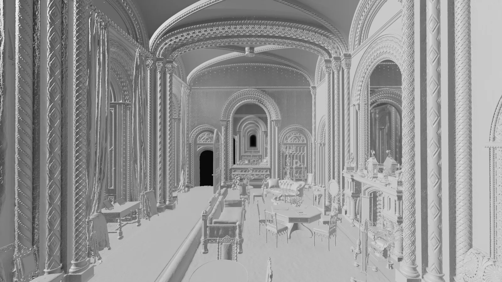 Untextured clay render of the drawing room