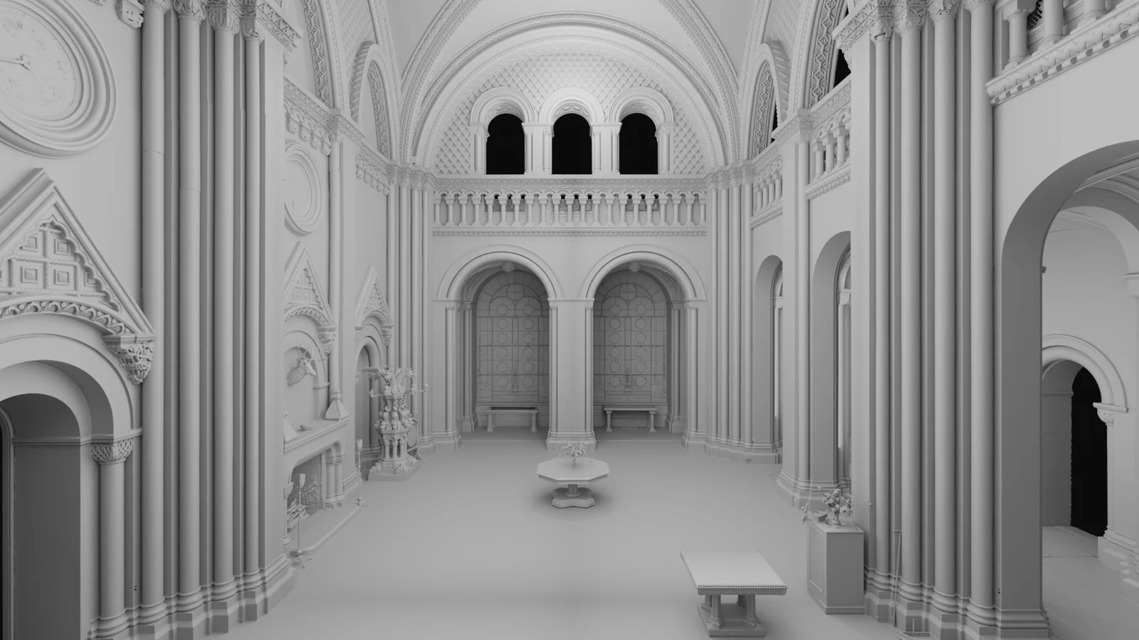 Untextured clay render of the great hall