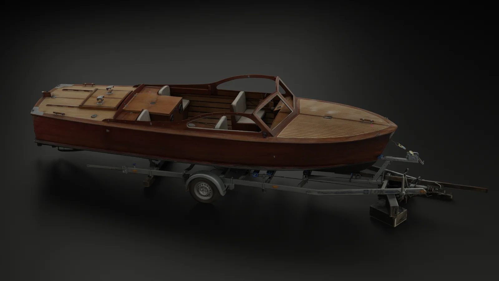 Photoreal render of the Riva speedboat on its trailer