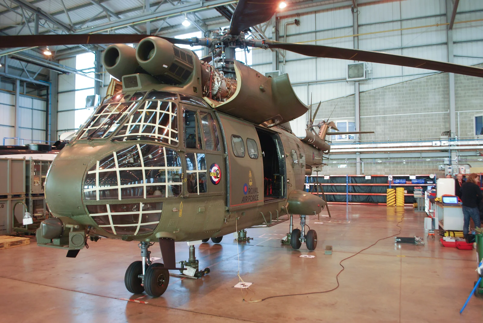 The Puma in the hangar, nose on, with the scanner in position