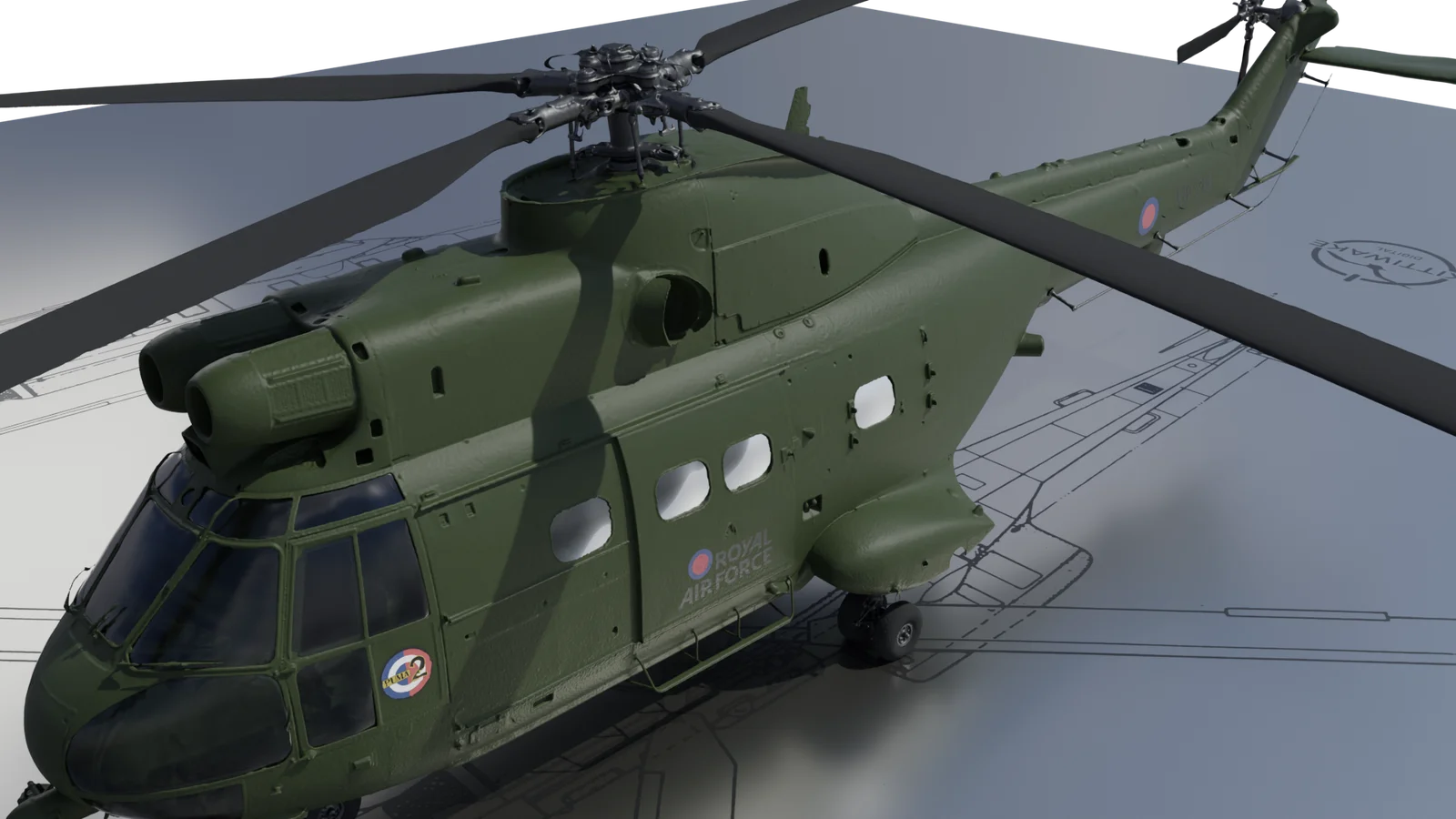 Three-quarter render of the Puma helicopter above its engineering drawings