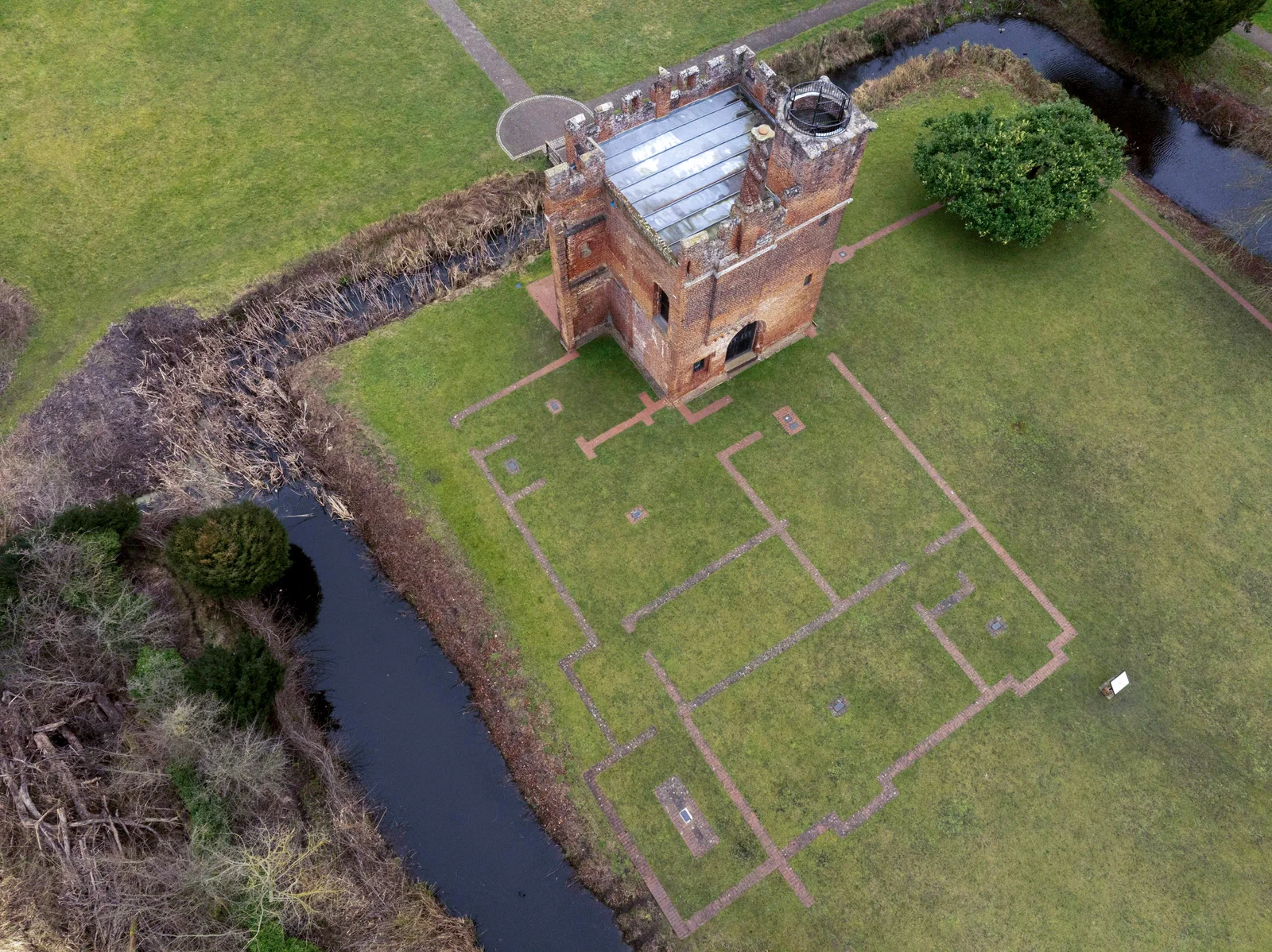 Aerial view of the gatehouse and the surviving moat