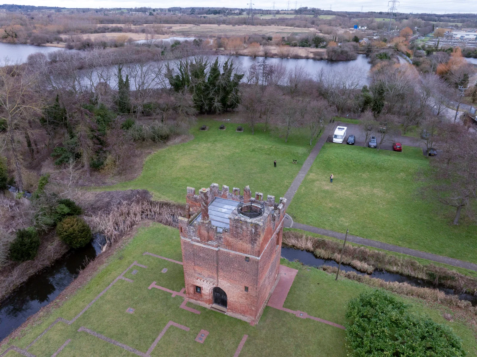 Wider aerial showing the gatehouse in the Lee valley landscape