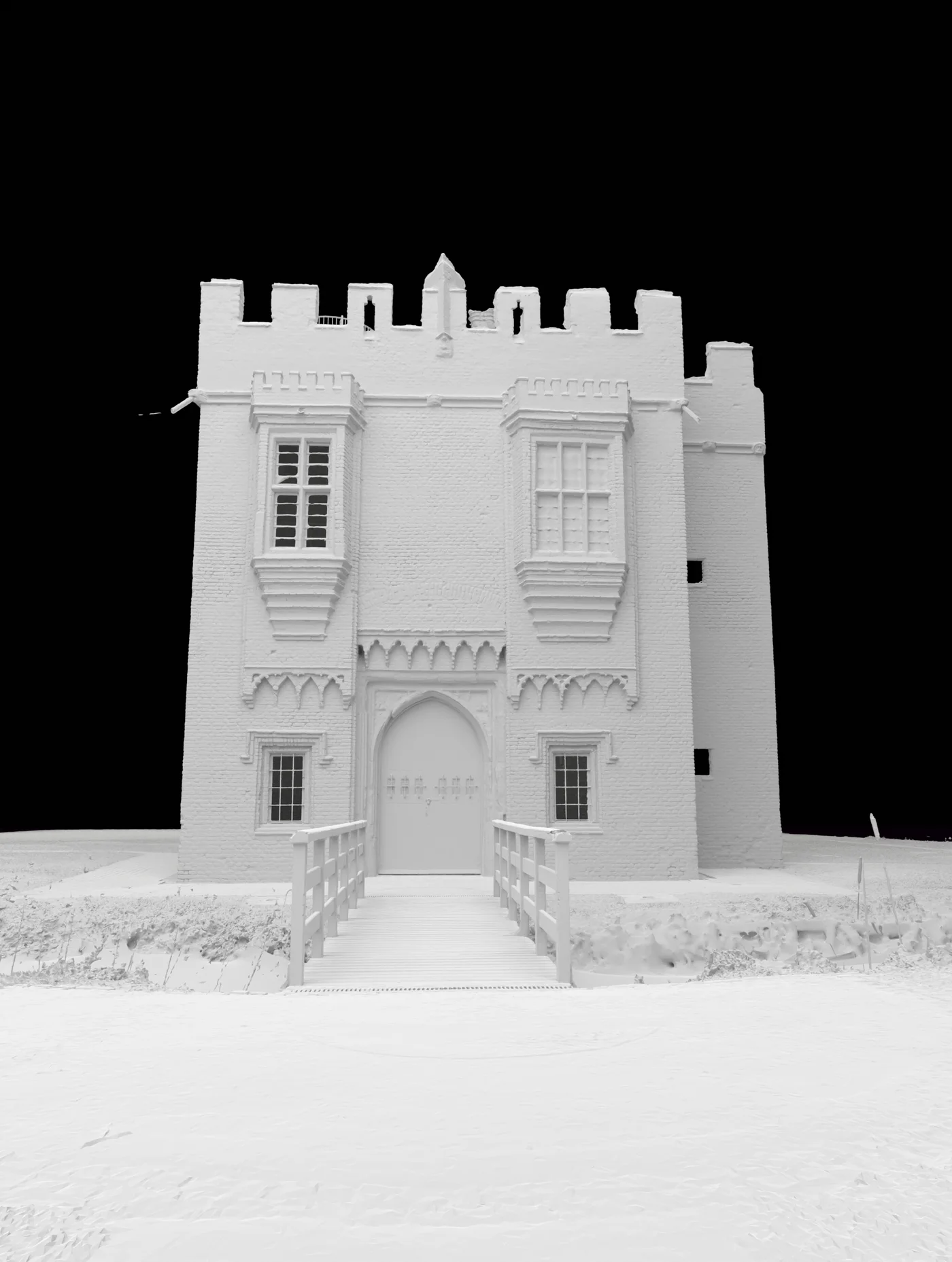 Untextured clay render of the same elevation
