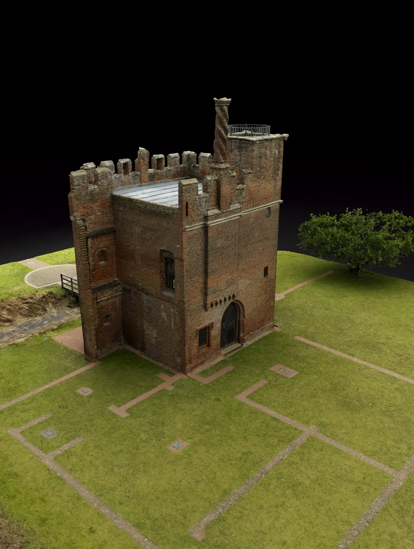Three-quarter render of the gatehouse in its moated setting