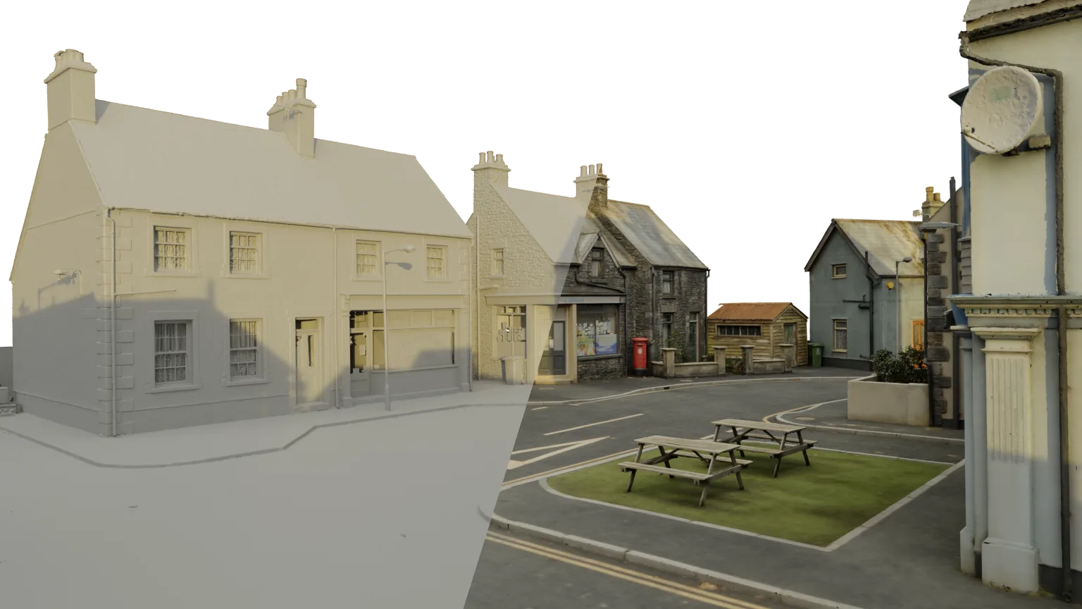 The studio set's square split between the untextured mesh and the textured model
