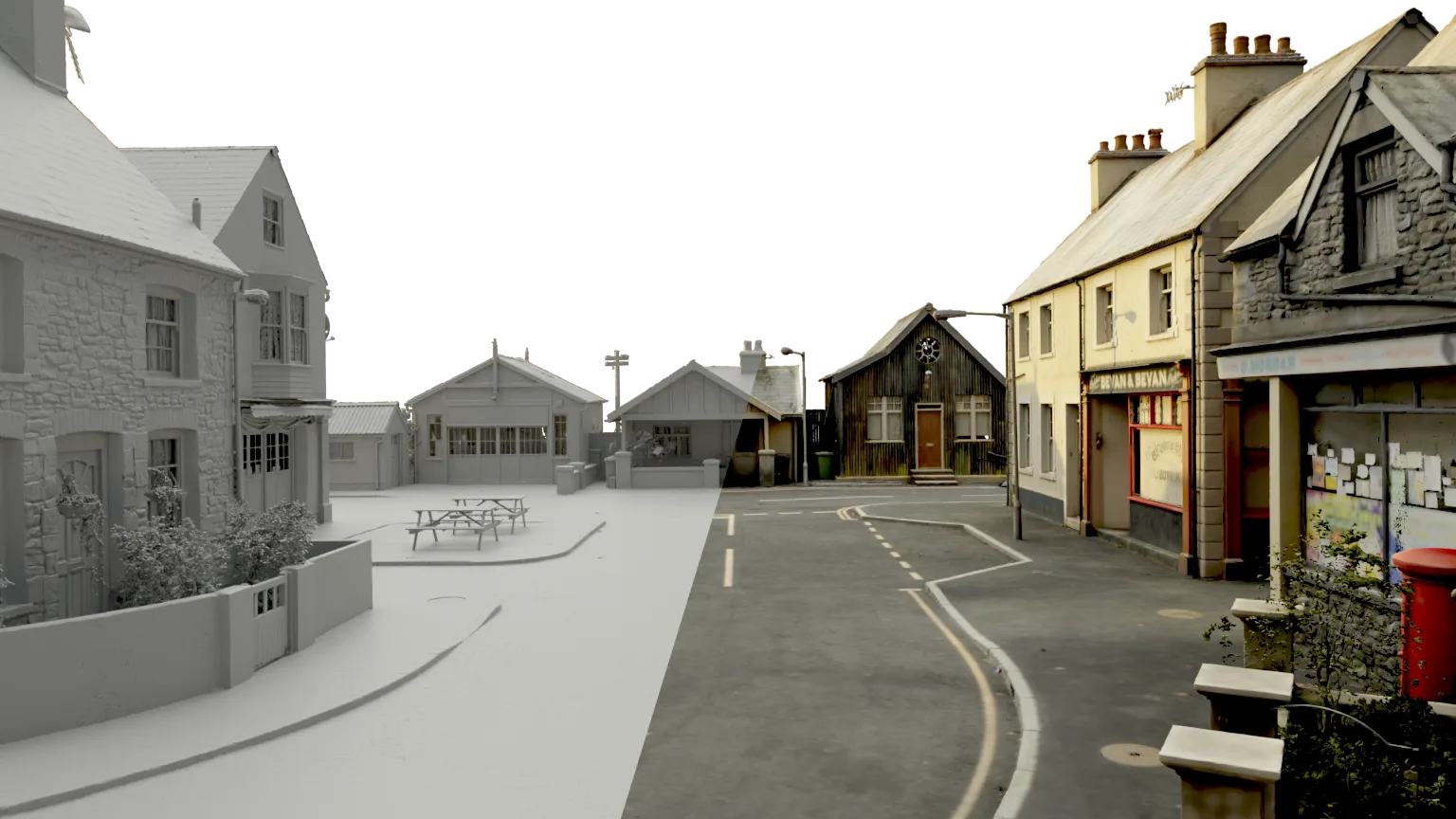 The studio street set split between the untextured mesh and the textured model