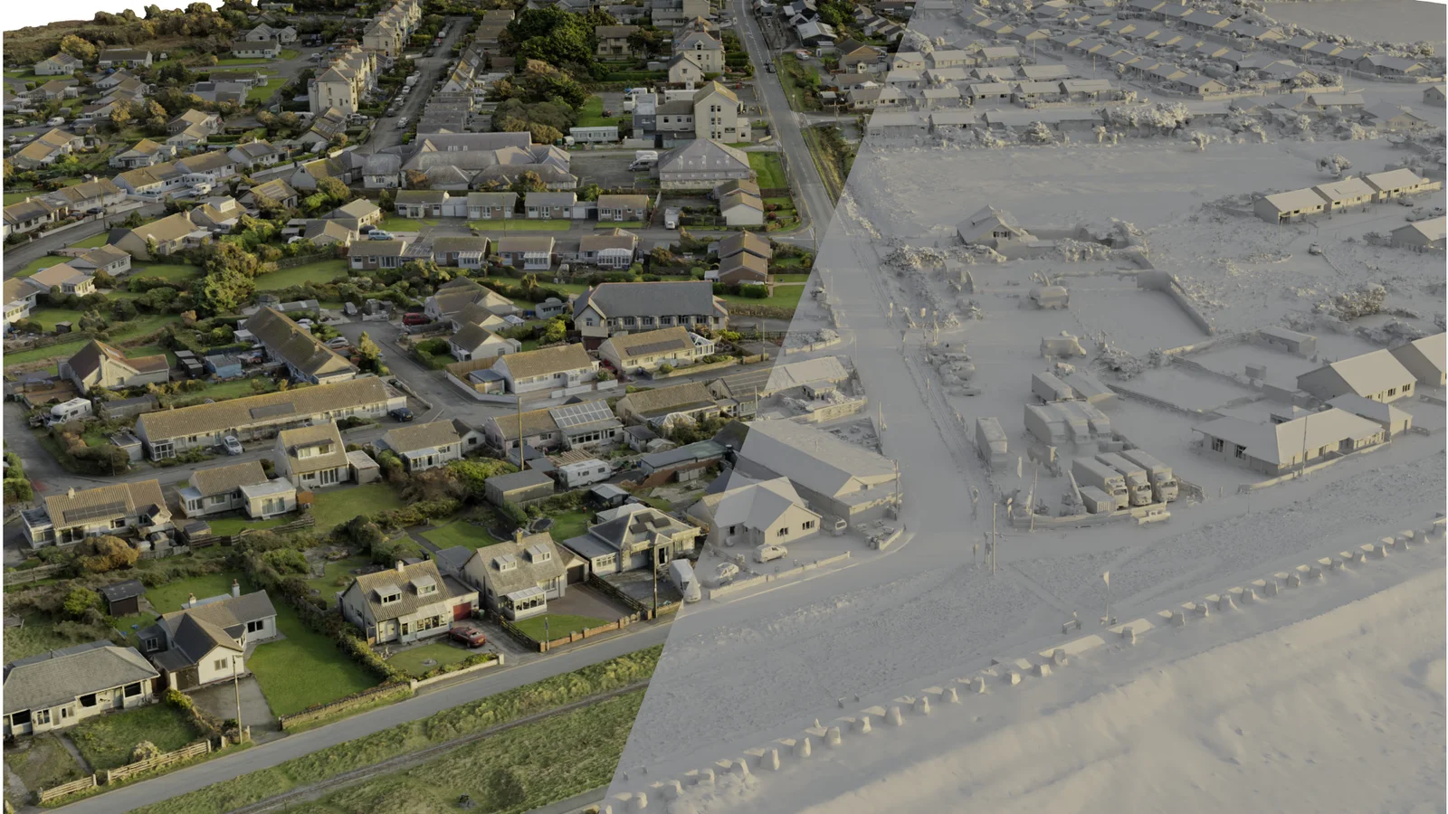 Aerial split render of Fairbourne - fully textured model on one side, untextured clay mesh on the other