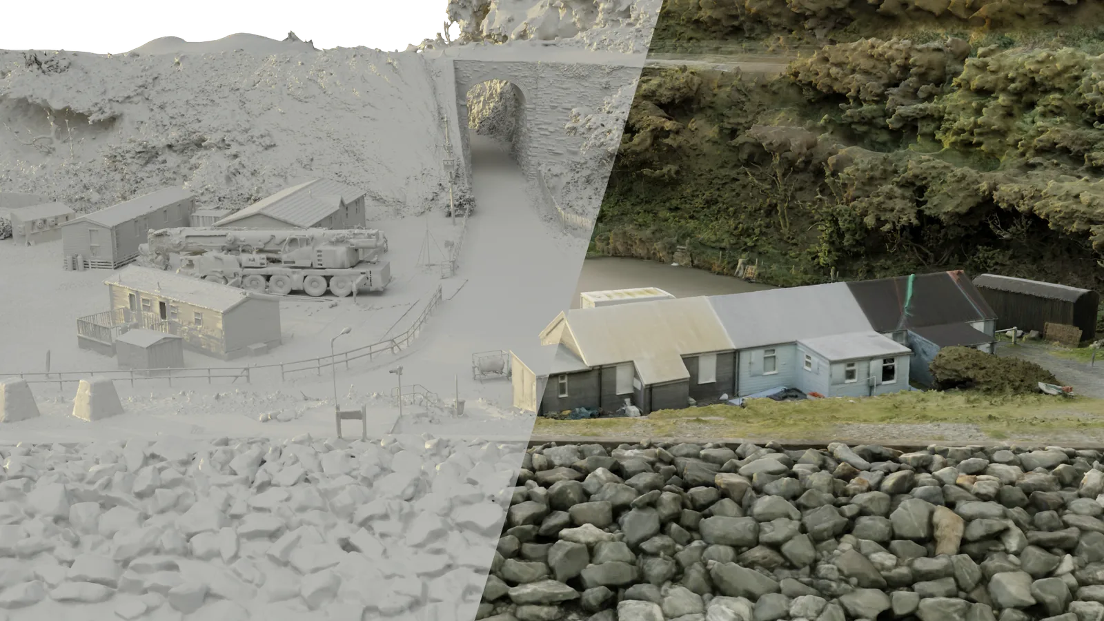 Fairbourne's shoreline split between the untextured mesh and the textured model