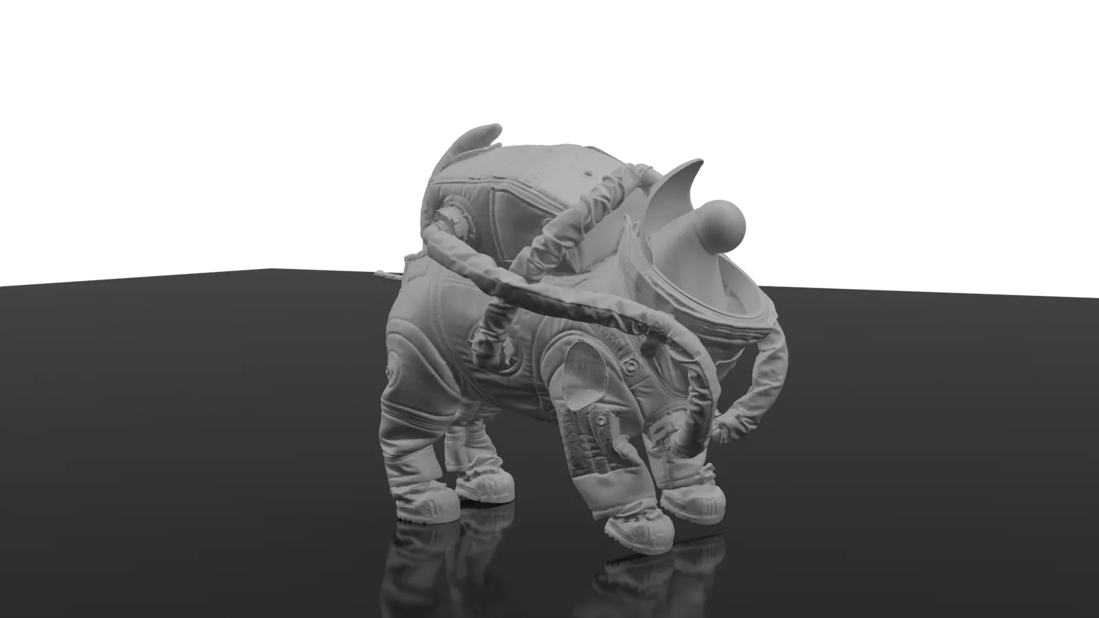 Untextured clay render of the dog space suit prop