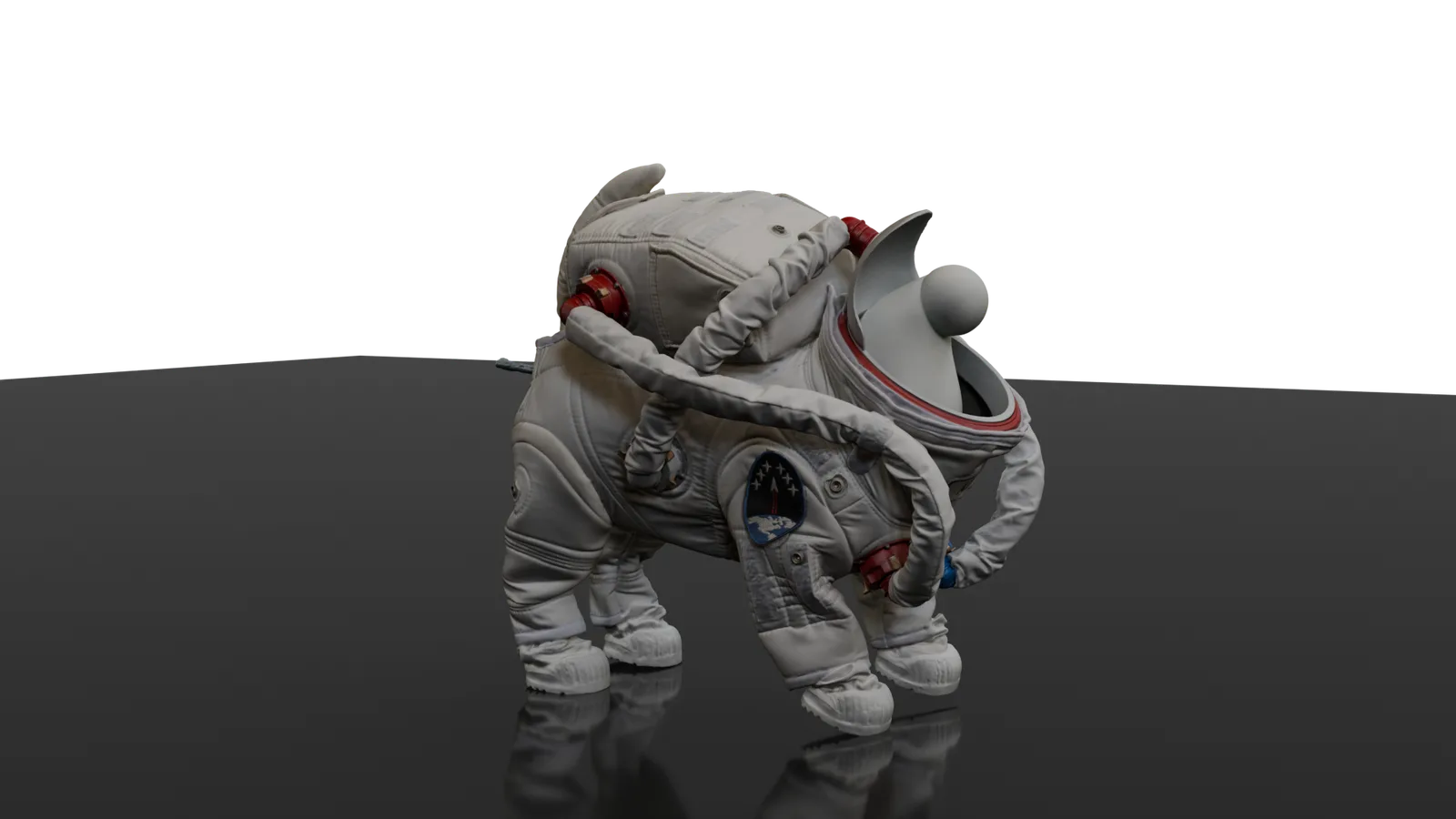 Textured render of the dog space suit prop