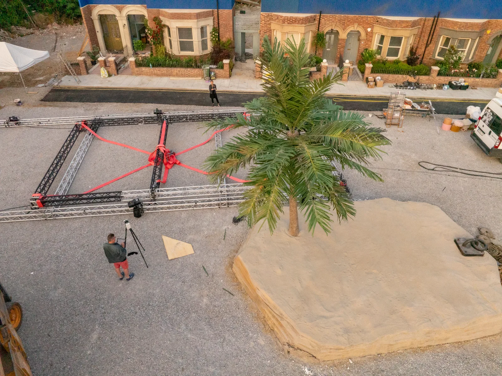 Aerial view of the desert island set being built beside the street set