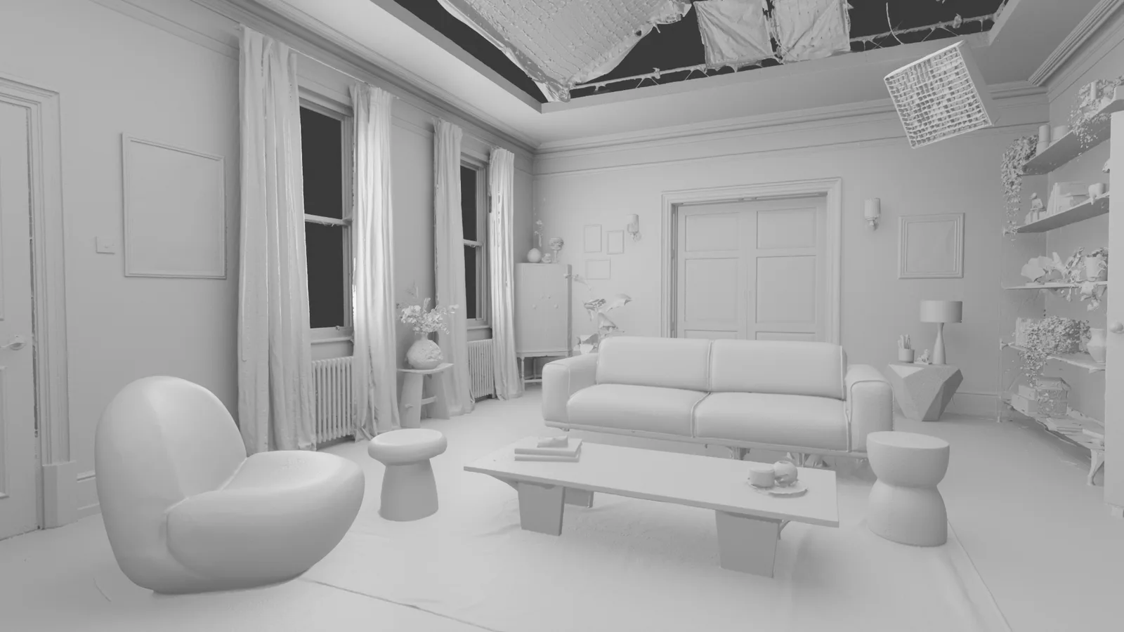 Untextured clay render of the same living room set