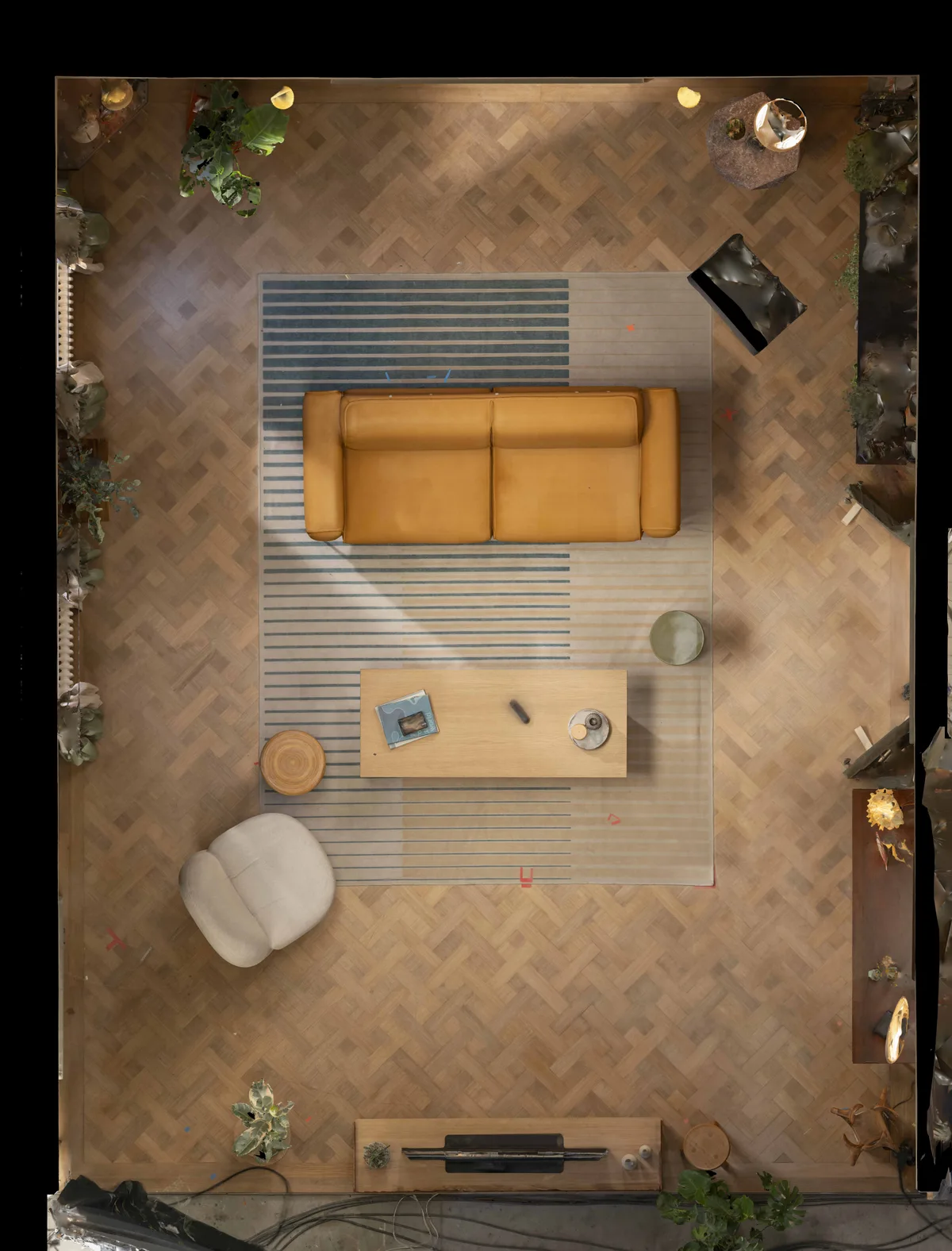 Orthographic plan view render of the living room set