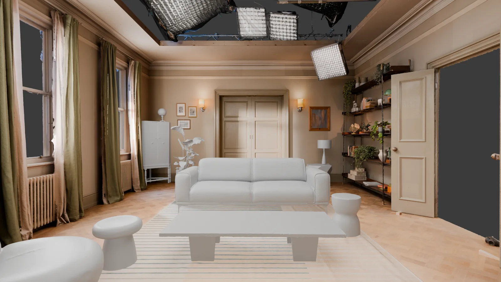 Render of the living room set with the furniture stripped back to untextured geometry
