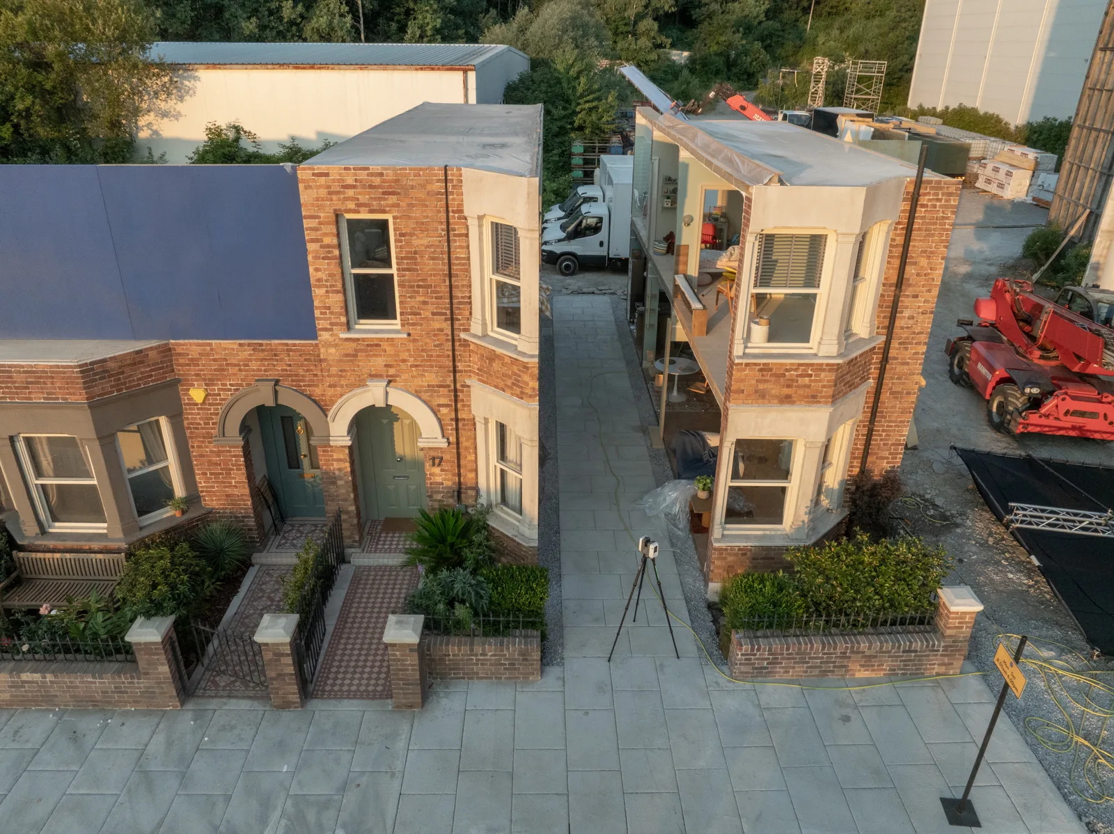 Aerial view of the terraced street set with the scanner on its tripod