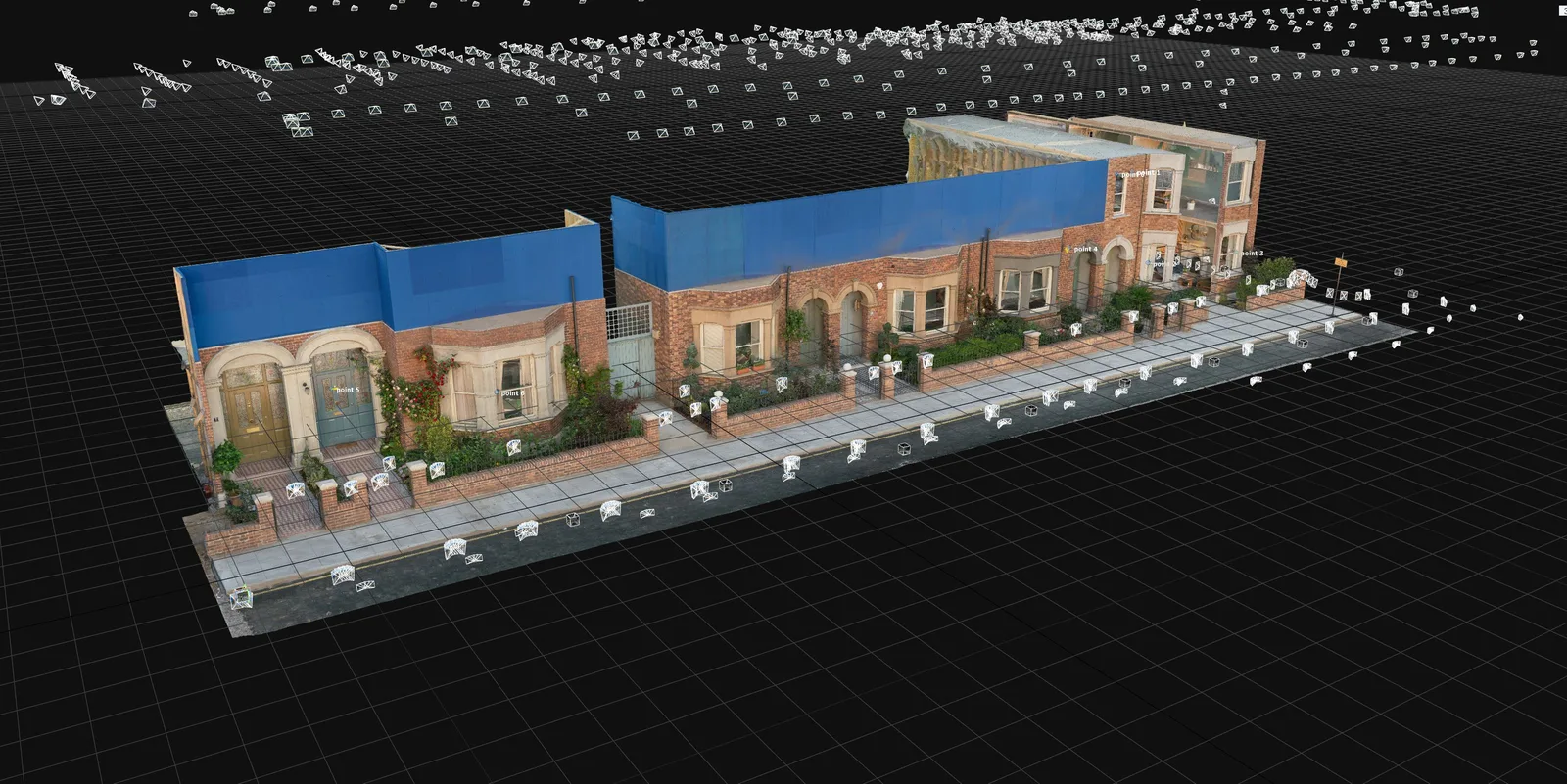 Scanned model of the terraced street set with the capture positions marked
