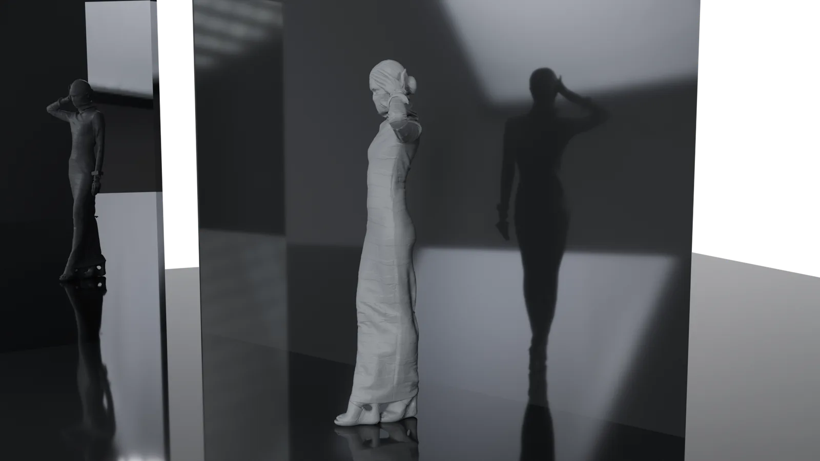 Clay render of a long-gowned figure among mirrored panels