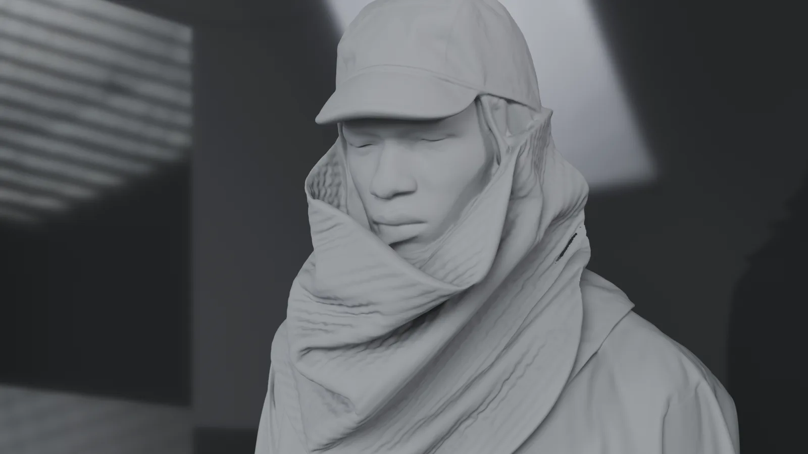 Clay render of a hooded figure in the shadowed studio set